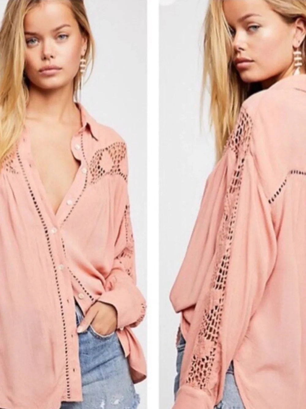 Free People Dusty Pink Crochet-Inset Button Front Blouse